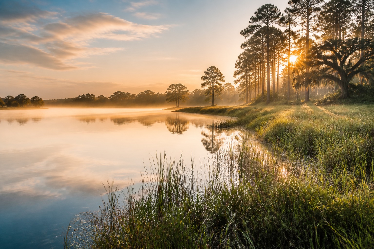 Managed Florida lakefront property at sunrise